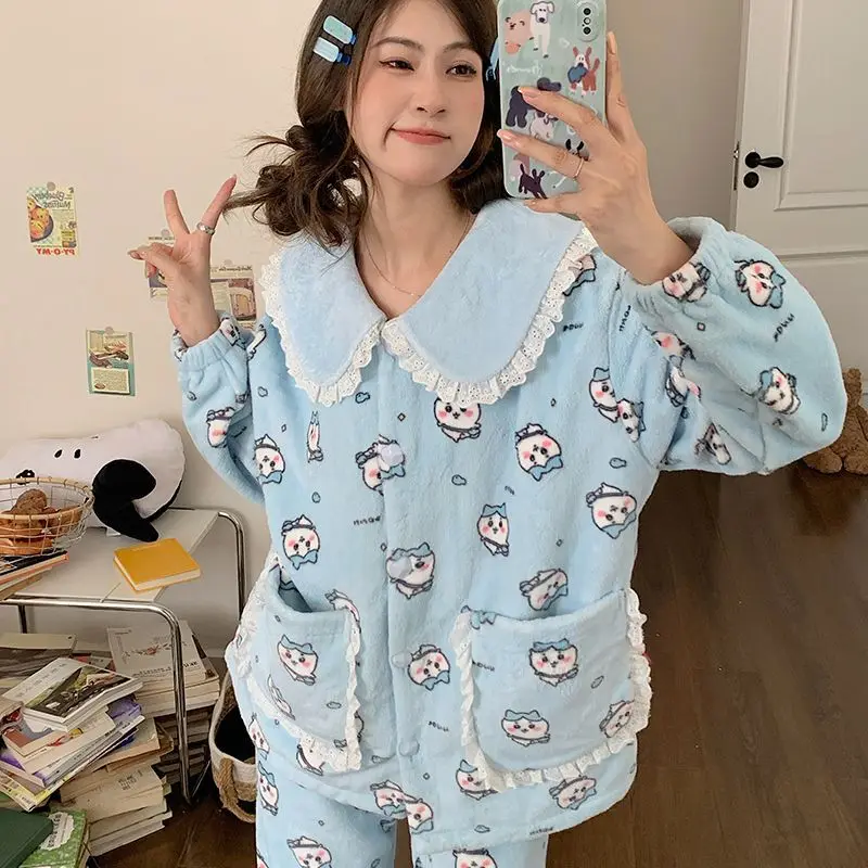 Kawaii Chiikawa المرأة بيجامة أنيمي الكرتون بيجامة مجموعات القطن طالب ملابس خاصة الحبيب لطيف فتاة مريحة ملابس المنزل الدافئة