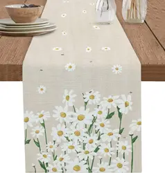 Spring White Daisy Floral Linen Table Runner Wedding Decor Reusable Farmhouse Dining Table Runner Holiday Party Decorations
