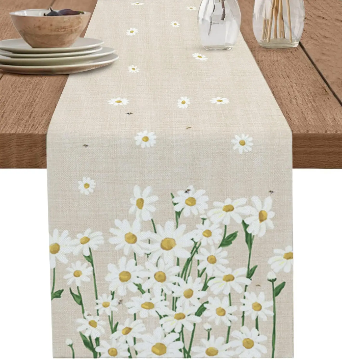 Spring White Daisy Floral Linen Table Runner Wedding Decor Reusable Farmhouse Dining Table Runner Holiday Party Decorations