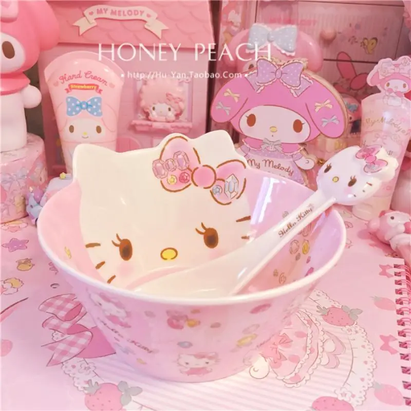 Kawaii Sanrio Tableware Accessories Hello Kittys Cartoon Melamine Bowl Set Cute Beauty Children Spoon Rice Soup Bowl Girls Gift