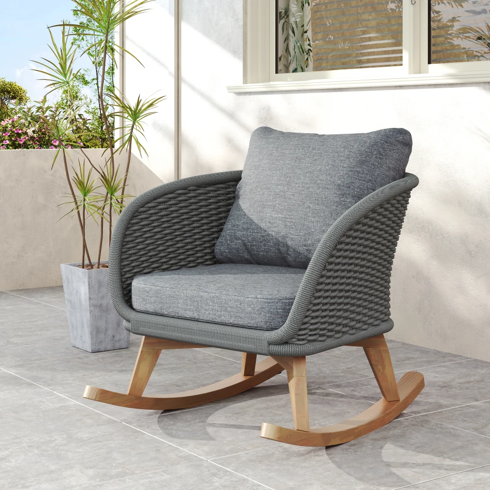 

29.5"" Modern Minimalist Gray Wicker Rocker: Soft Cushions, Wood Frame, Indoor/Outdoor (Patio/Balcony)