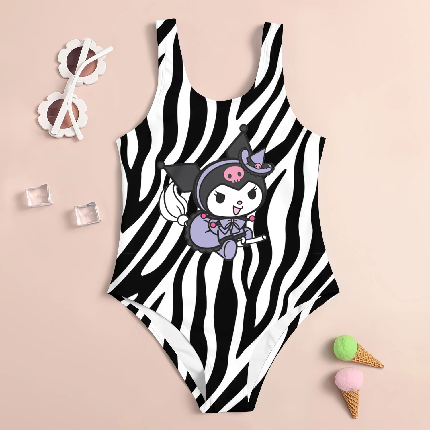 24 Miniso Cute Children\'s One-Piece Swimsuit Kuromi 3d Printed Girl Women\'s Swimsuit Soft Breathable Kids Summer Seaside Clothes