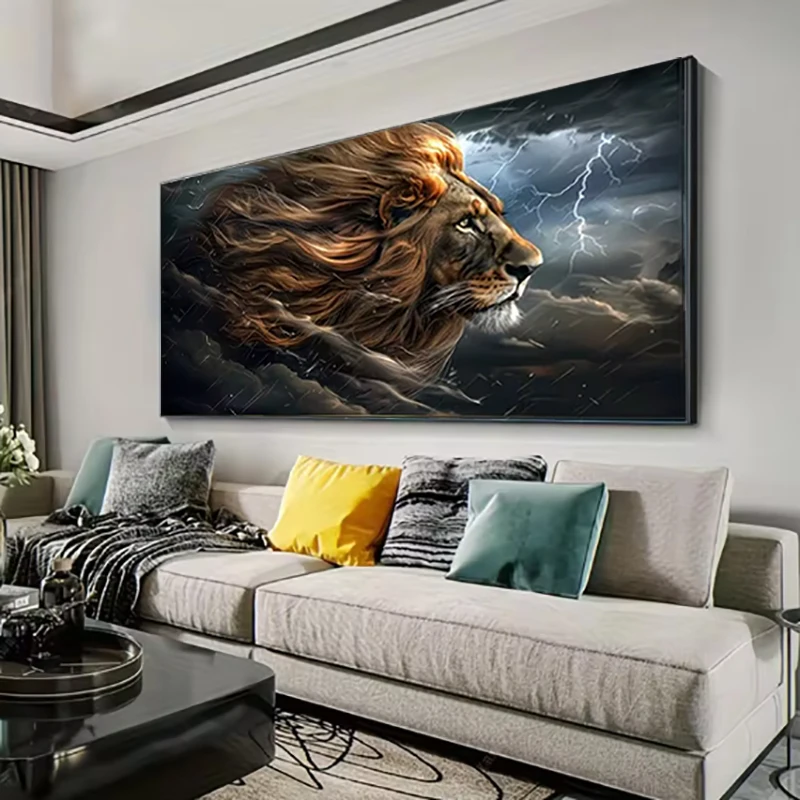 Lightning Starry Sky Lion Artwork 5D DIY Diamond Painting Kits Picture Mosaic Set Accessories, Suitable For Home Living