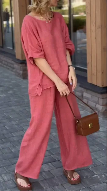 Cotton Linen Women\'s Set 2024 Spring Summer New O Neck Blouses Wide Leg Pants Two Piece Sets For Women Casual Loose Outfits