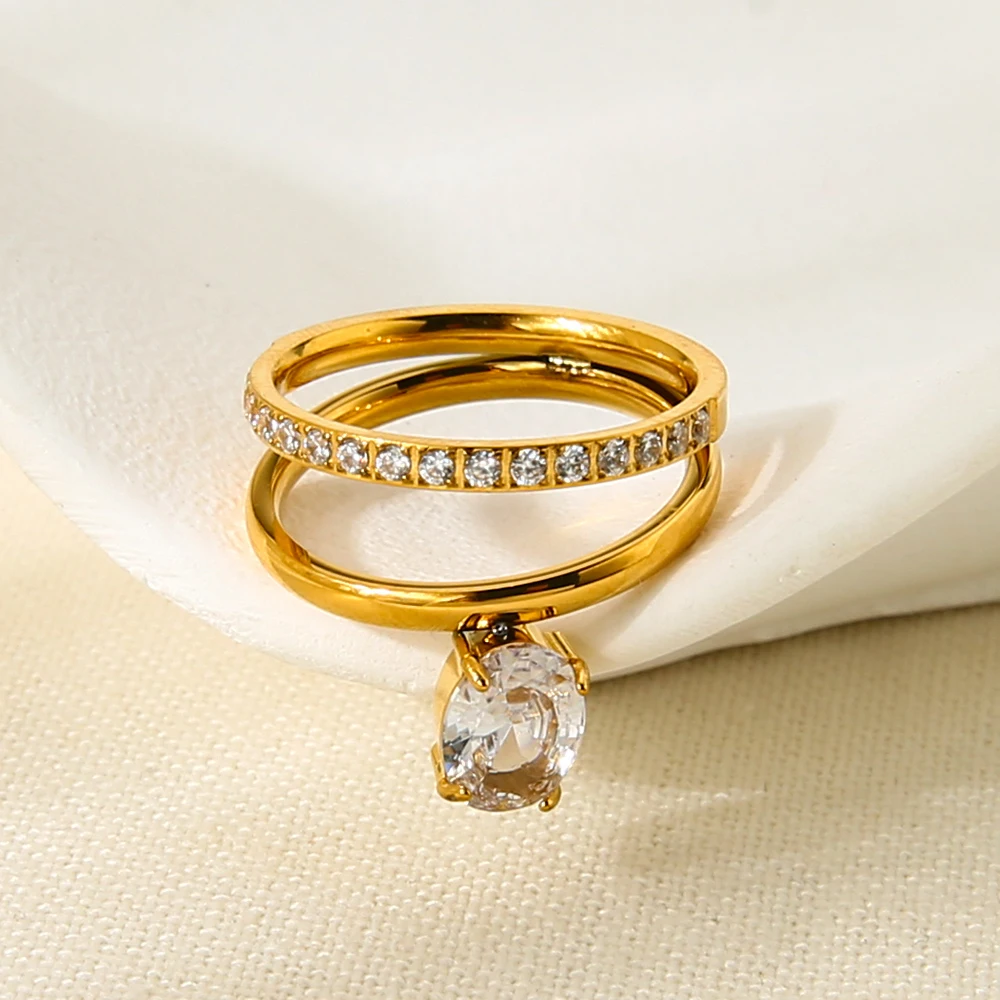 

INS Minimalist Style Double-Layer Four-Claw Zircon Ring 18K Gold Plated Stainless Steel Stackable Design High-End Ring for Women