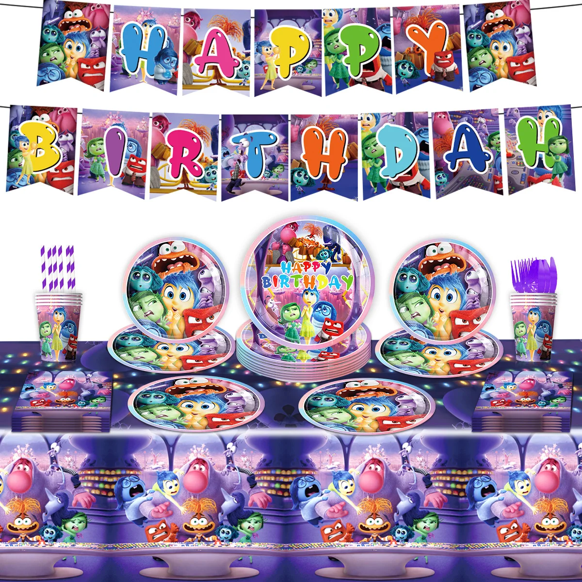 Inside Out Birthday Party Supplies For Kids Disney Inside Out 2 Theme Tableware Set Anxiety Balloons Happy Banner Decorations