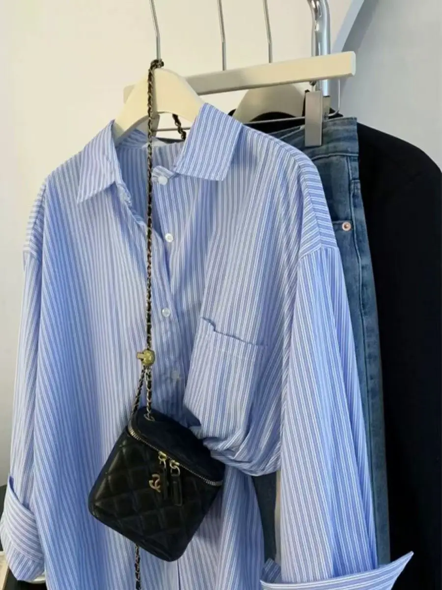 

Женская длинная блузка в синюю полоску в стиле ретро Lazy Sle, весенне-осенняя дизайнерская блузка Sense Small ence