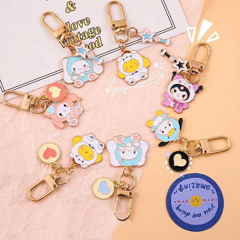 Sanrio Alloy Cartoon Keyring, Figuras Anime, melodia, Kuromi, Cinnamoroll, doce bonito Keychain, encantos saco, pingente, chaveiro do carro