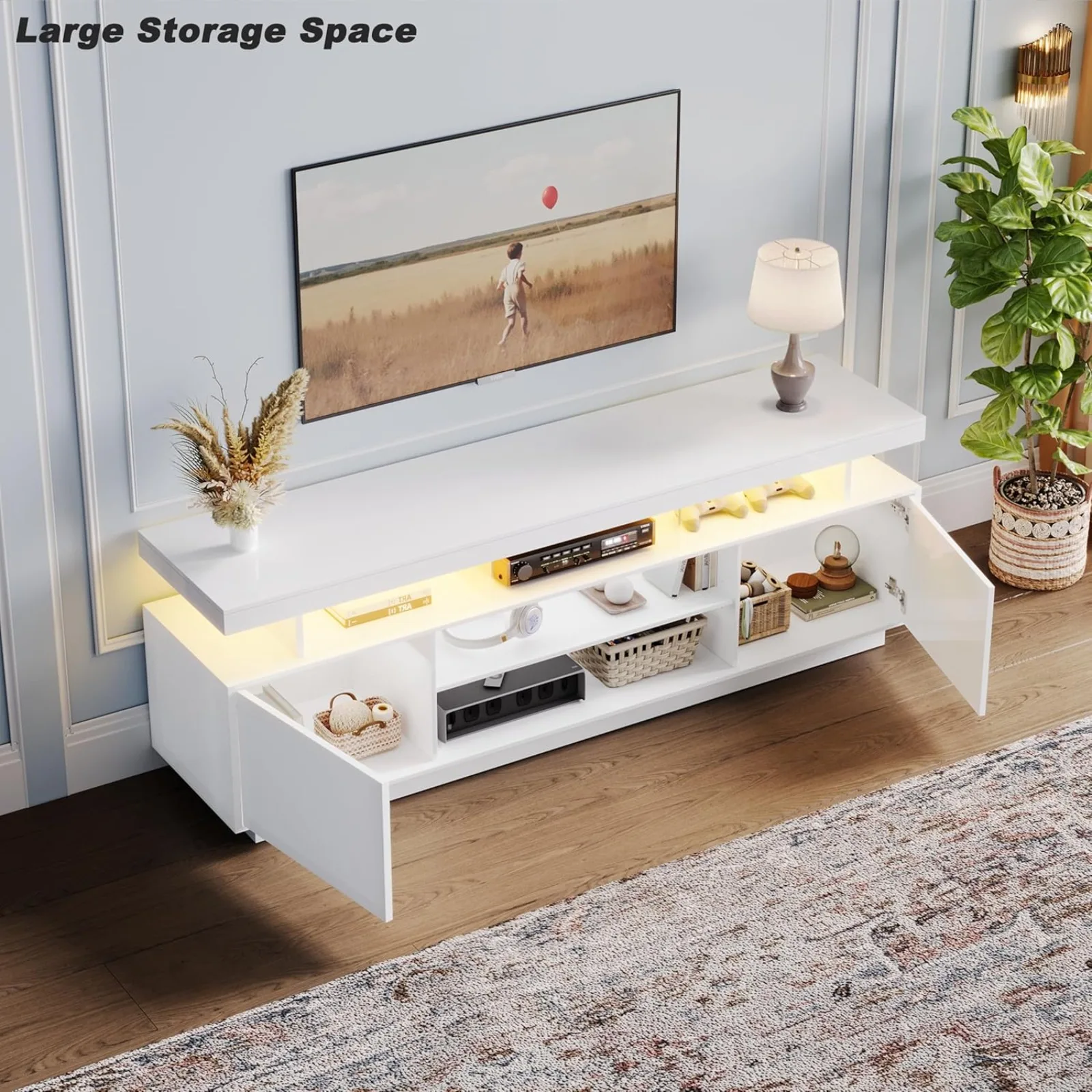 US  Modern LED TV Stand for 50/55/60/65 Inch TV, High Glossy Entertainment Center with 2 Storage Cabinets, Media Console with 5