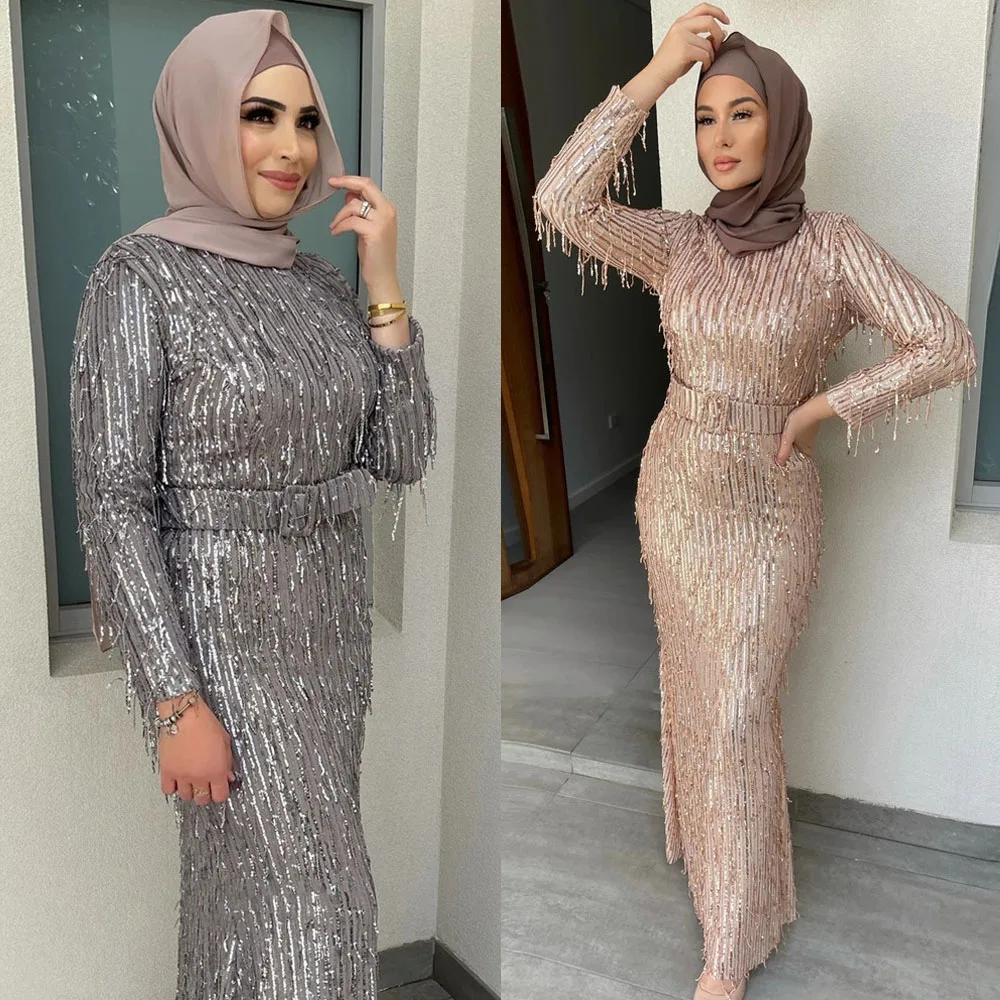 Modest Muslim Women Abaya Sequins Beads Bodycon Long Maxi Dress Turkey Arab Kaftan Islam Evening Party Gown Eid Jalabiya Vestido