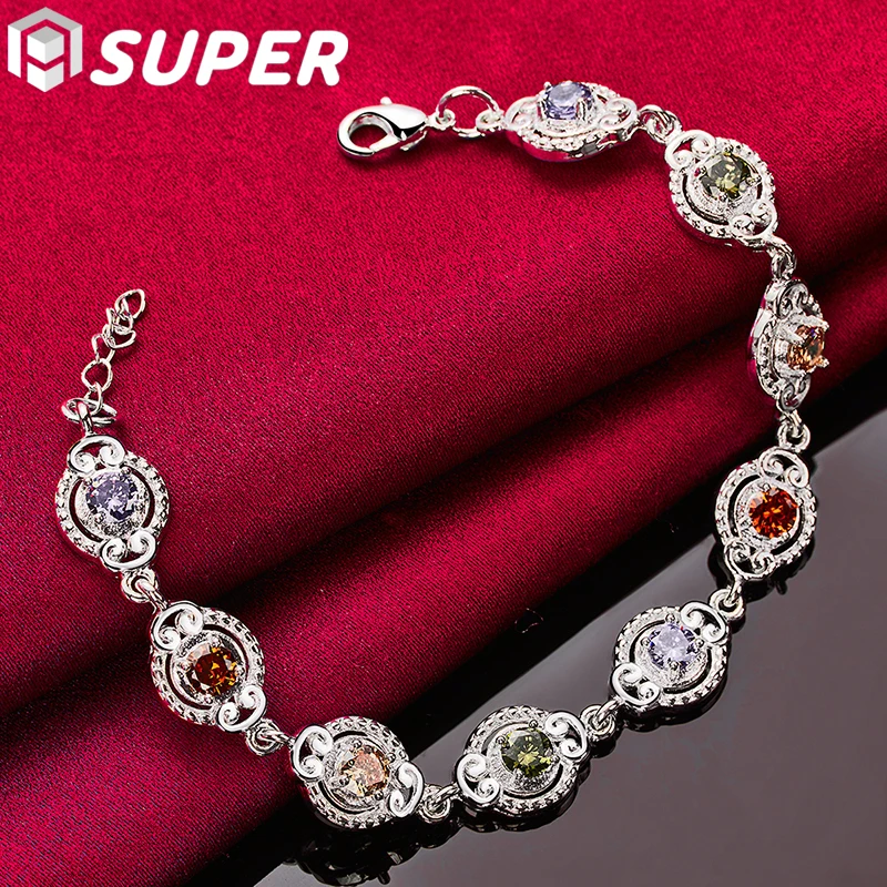 925 Sterling Silver Charm Purple Orange Red Green Aaa Zircon Bracelet Chain For Women Wedding Engagement Jewelry