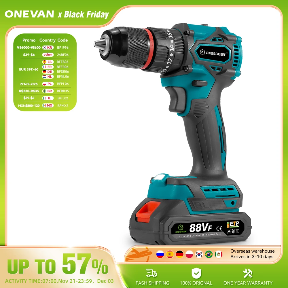 ONEGREEN 480N.M Brushless Electric Impact Drill 13mm Cordless Drill Electric Screwdriver Power Tools For Makita 18V Battery