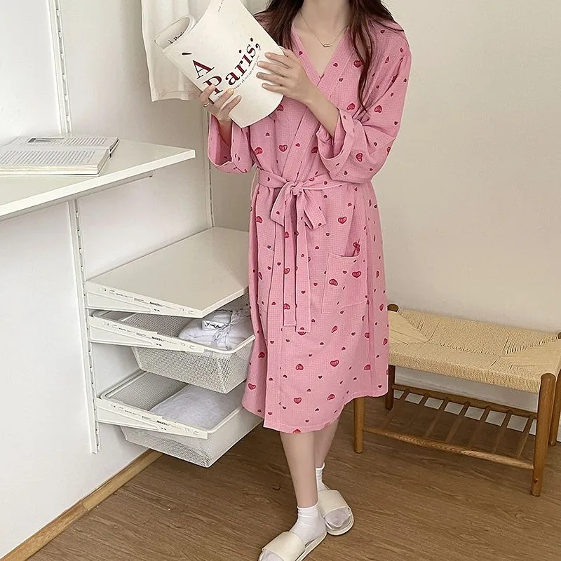 2024 New Pajama Robes Spring Autumn Winter Sleepwear Korean Version Sweet Bathrobe Long V-neck Belted Homewear Loose Loungewear