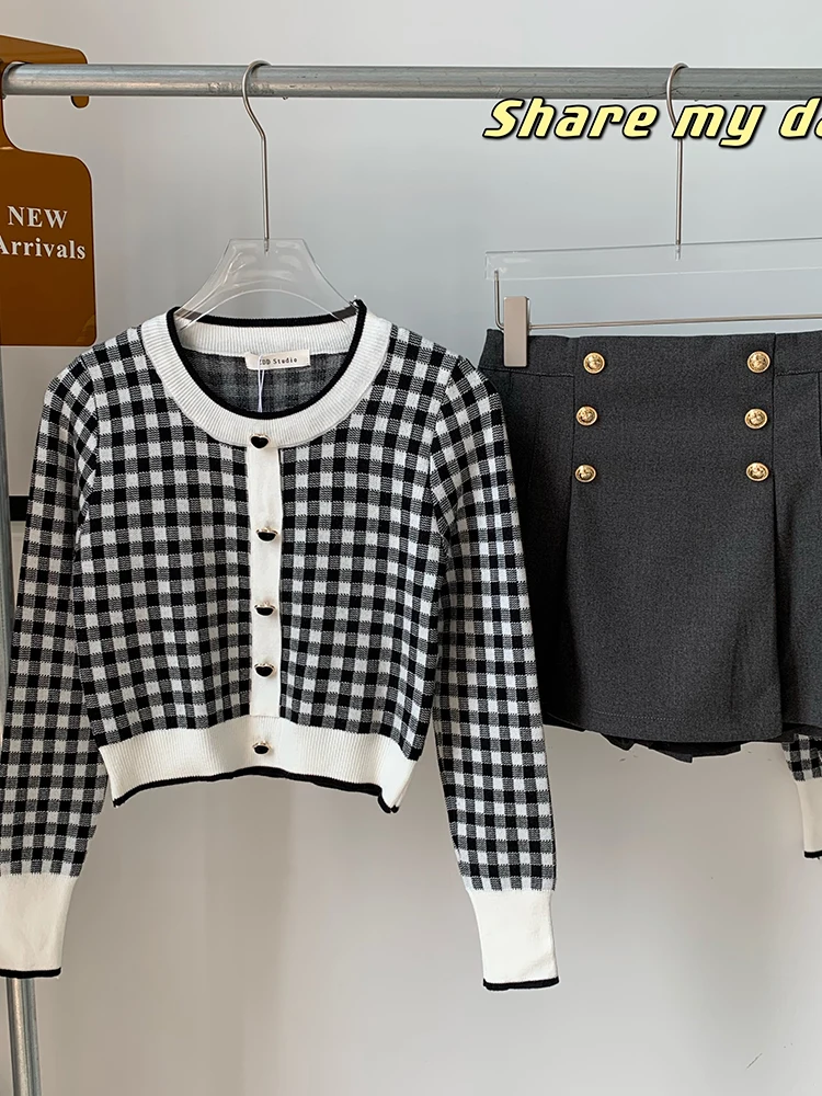 Autumn Winter Women Korean Vintage 2000s Aesthetic Outfits 2 Piece Set Plaid Long Sleeve Crop Cardigan Sweaters + Mini Skirt New