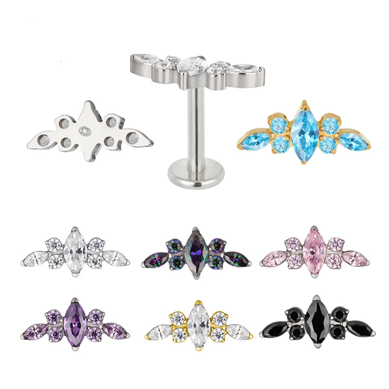1PC G23 Titanium Piercing Labret Internal Thread Ear Studs Zircon Horse's Eye Flower Helix Cartilage Lip Stud Body Jewelry 16G