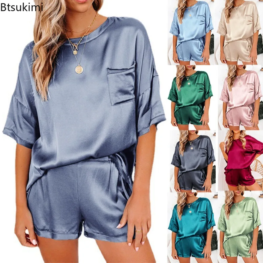 

2PCS/Set 2025 Spring and Summer Women Pajamas O-neck Solid Soft Simulation Silk Homewear Short-Sleeved Casual Ladies Loungewear