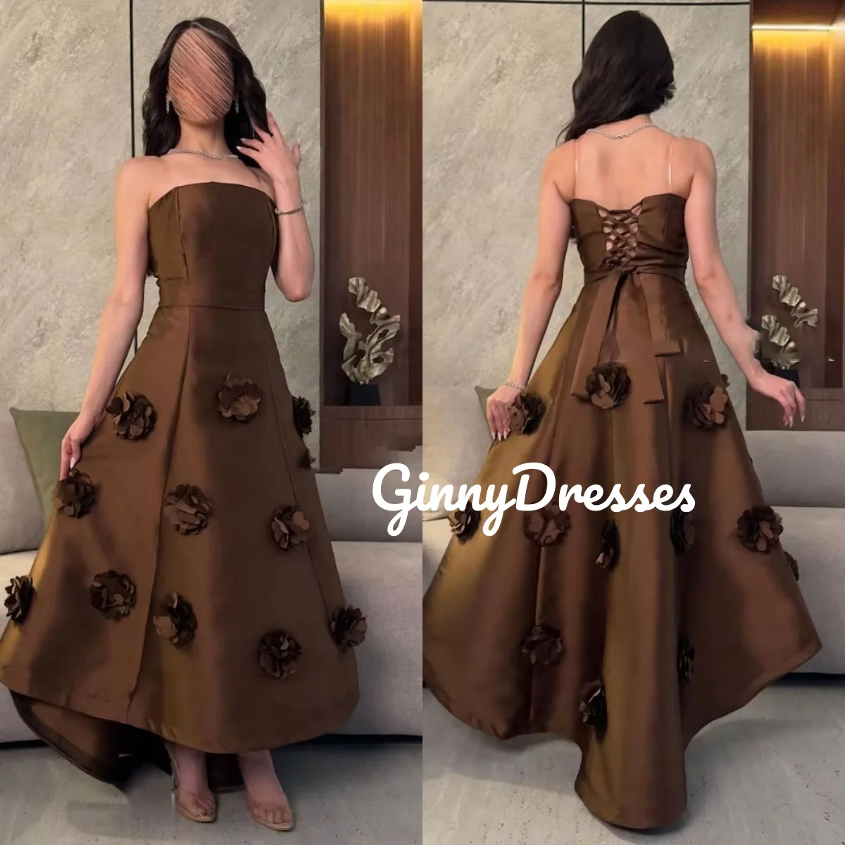 Abito per festa di nozze Personalizza abiti da festa eleganti a trapezio senza spalline lunghi fino al pavimento per le donne Fiori con cerniera Abiti formali Sle