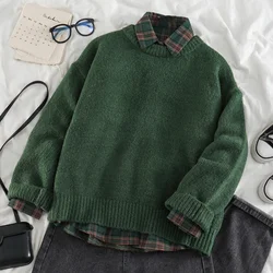 Green Knitted Sweaters Women Fashion Warm Jumper Female Casual Loose Pullover Women Round Neck Long Sleeve Sweater