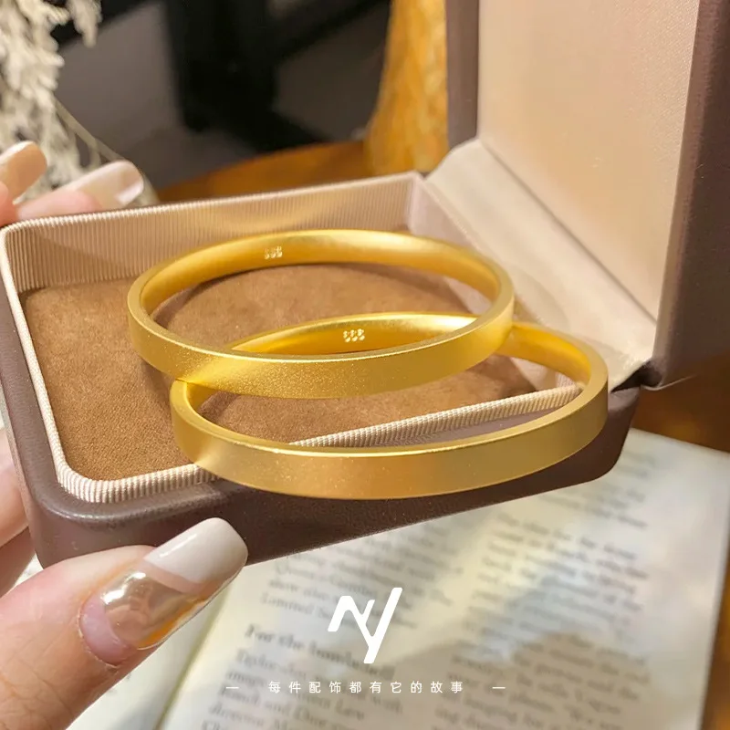 Ancient Method Flat Four-sided Ruyi Elemental Ring Bracelet 9999 24K Real Gold Matte Bracelet for Women