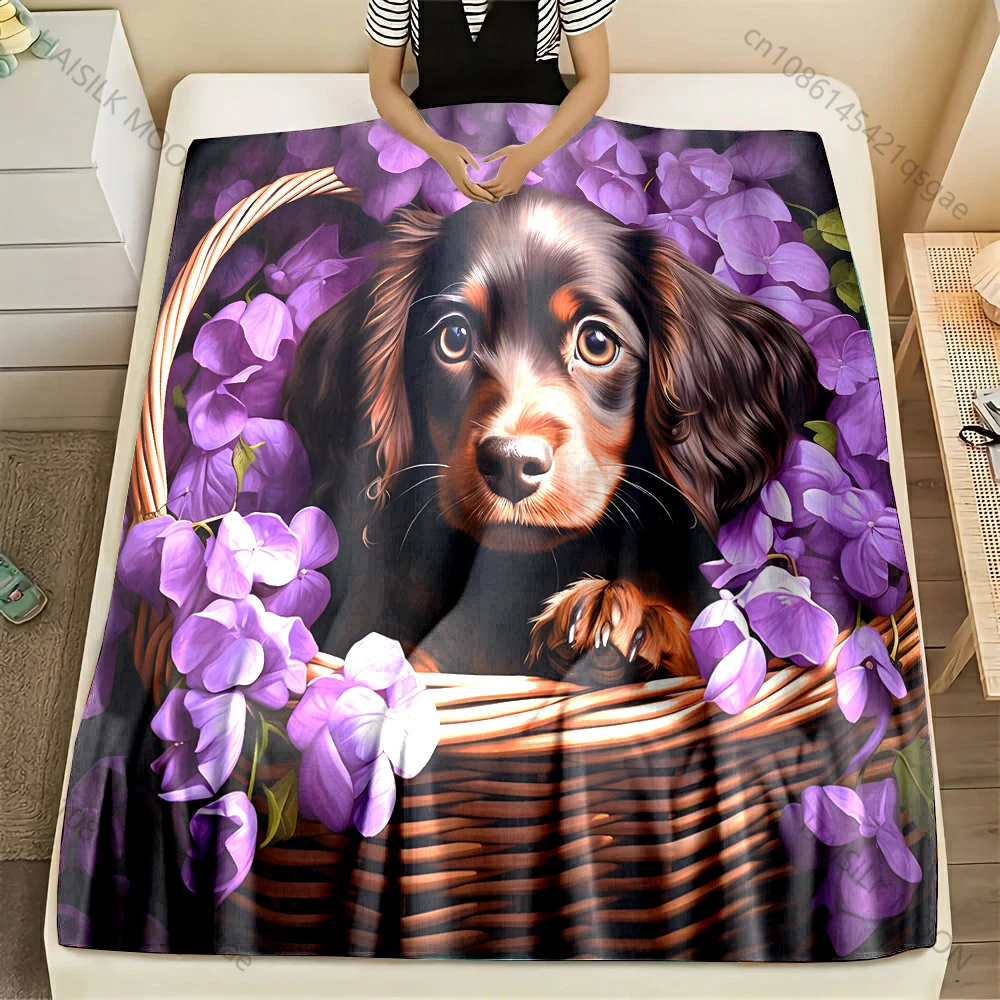 English Cocker Spaniel in A Flower Basket Print Blanket Flannel Material Soft Warm for All Seasons Home Outdoor Camping Picnics