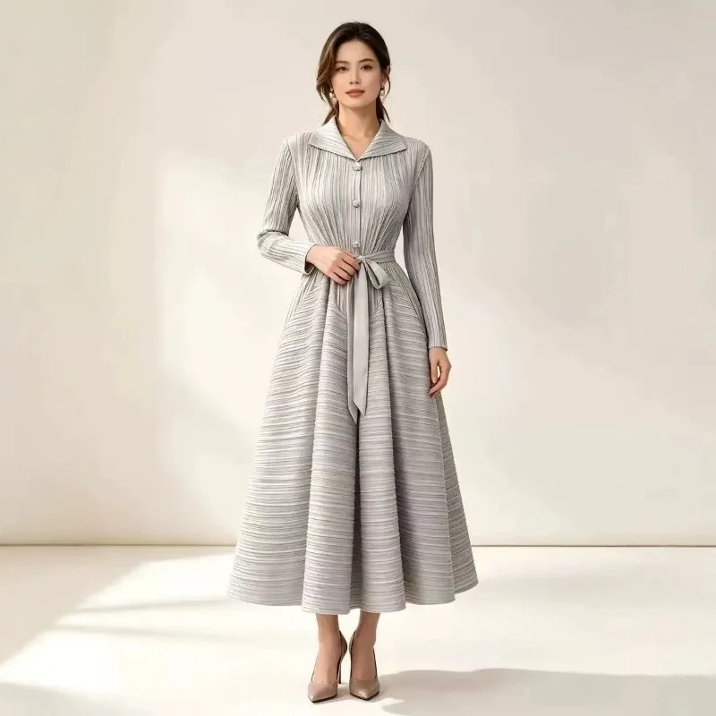 Plus Size 2026 Autumn New Dresses Plisse Turn-down Collar Single-breasted Tie Waist Ruched Flared Dress Large Hem Ruched Dress