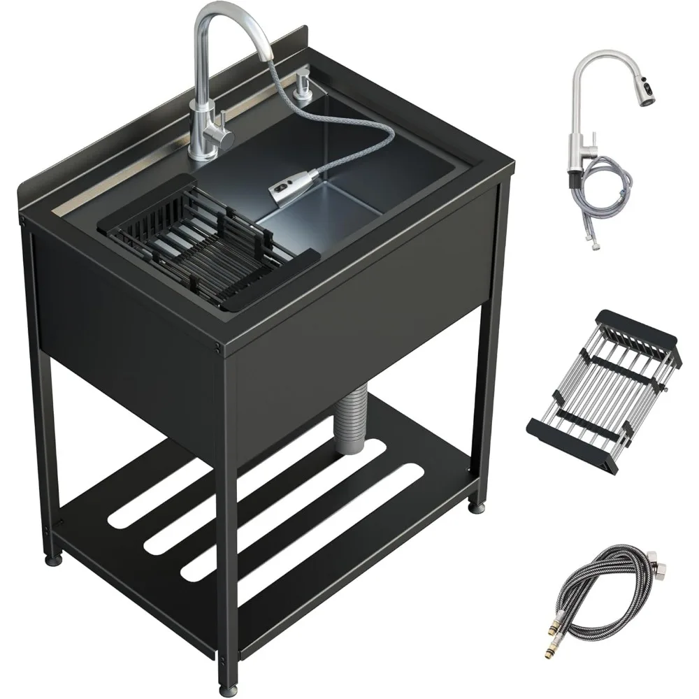 

30inch Stainless Steel Utility Sink, Commercial Kitchen Single Bowl Sink with Cold and Hot Water Faucet,Hoses and Drain Kit,Stai