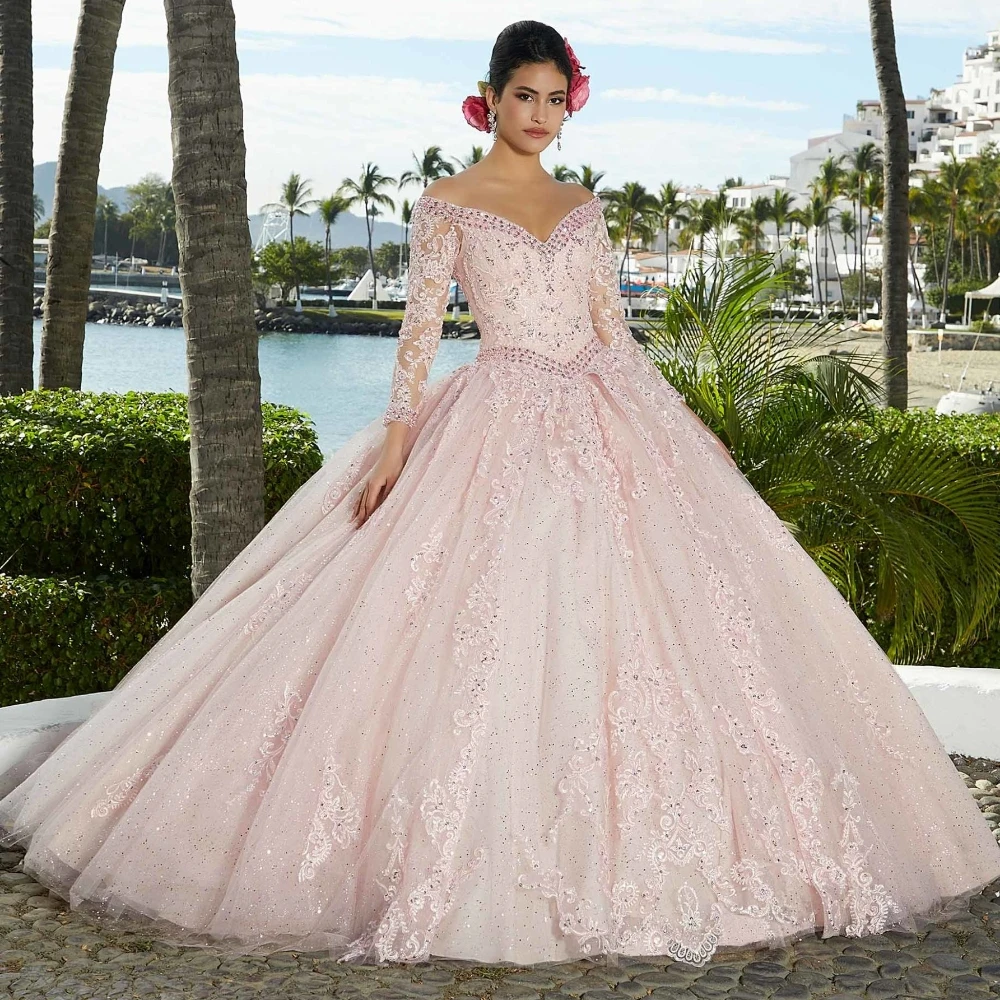 

EVLAST Pink Lace Long Sleeve Quinceanera Dress Ball Gown Appliques Beaded Crystal Corset Sweet 16 Vestidos De XV Anos TQD128