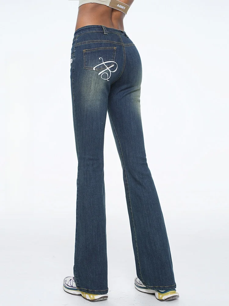 

Low Waist Fleece Lined Slim Fit Denim Jeans Women's American Retro Wash Elastic Flared Pants Casual Long Trousers