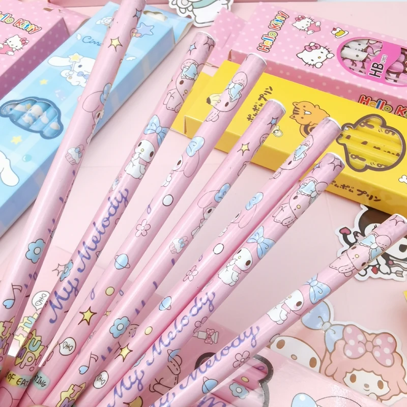 12/48Pcs Sanrio Pencil Hello Kitty Kuromi My Melody Students Stationery HB Black Write Draw School Children Boxed Pen Gifts