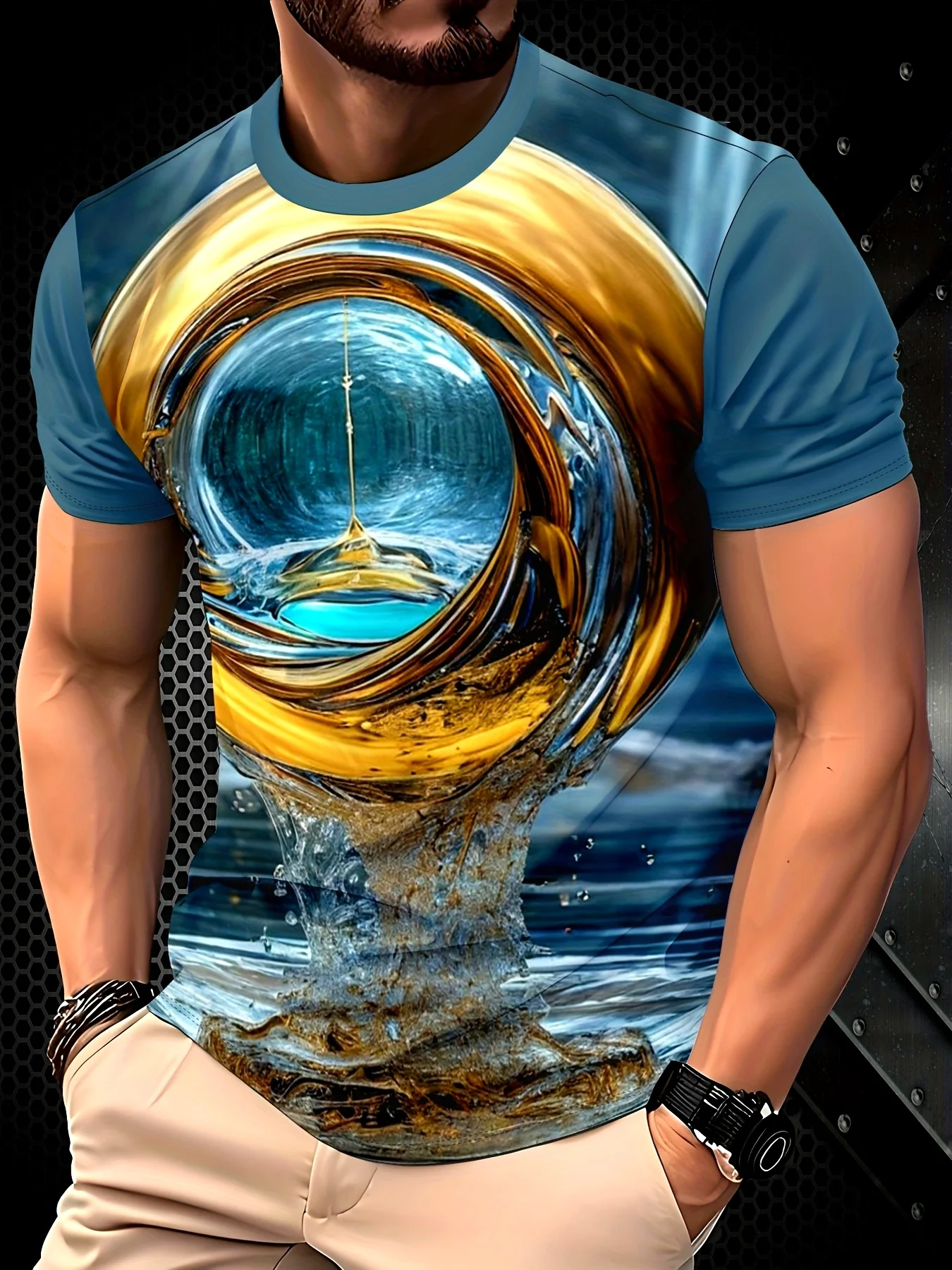 Men Golden Ring Water Flow Boat Scenery Print Blue Collar Short Sleeve T-shirt