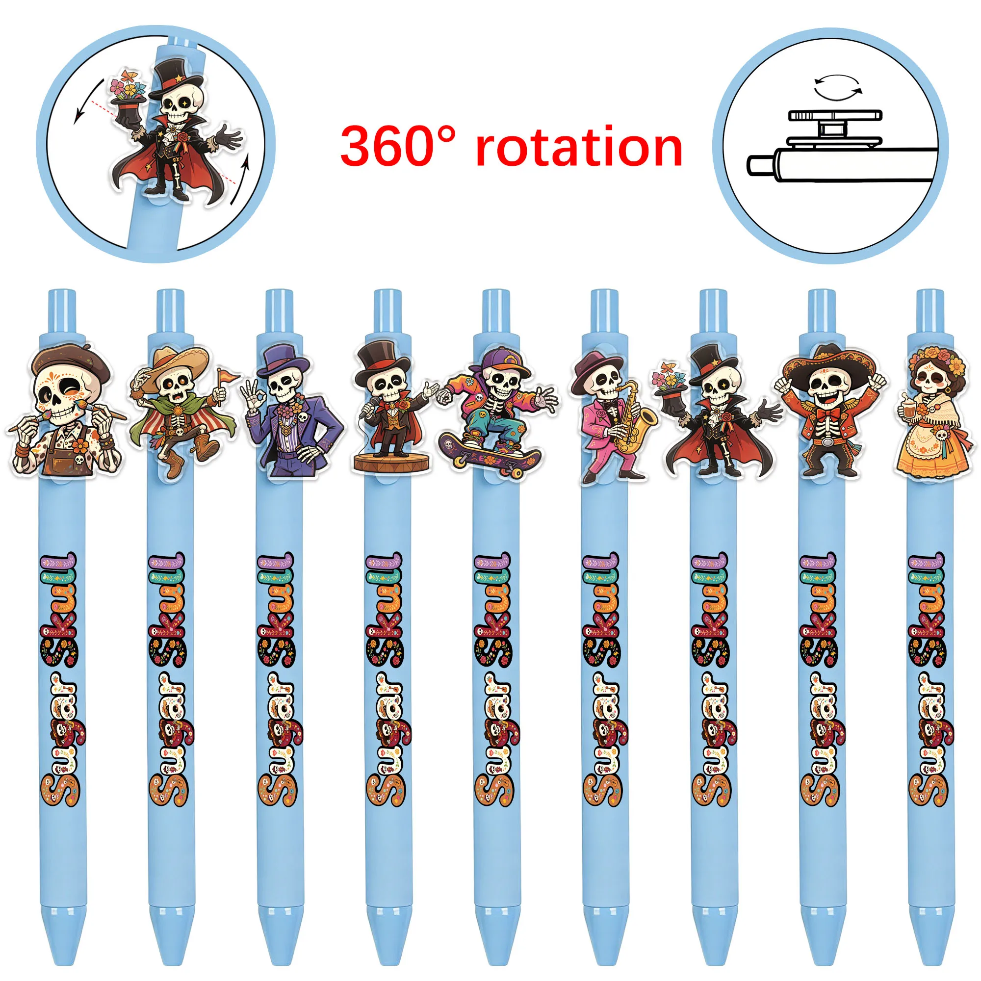 11Pcs Skull Theme Rotatable Ballpoint Pens, Smooth Writing, Suitable for Journaling, Office Use, Easy to Use, Random Patterns