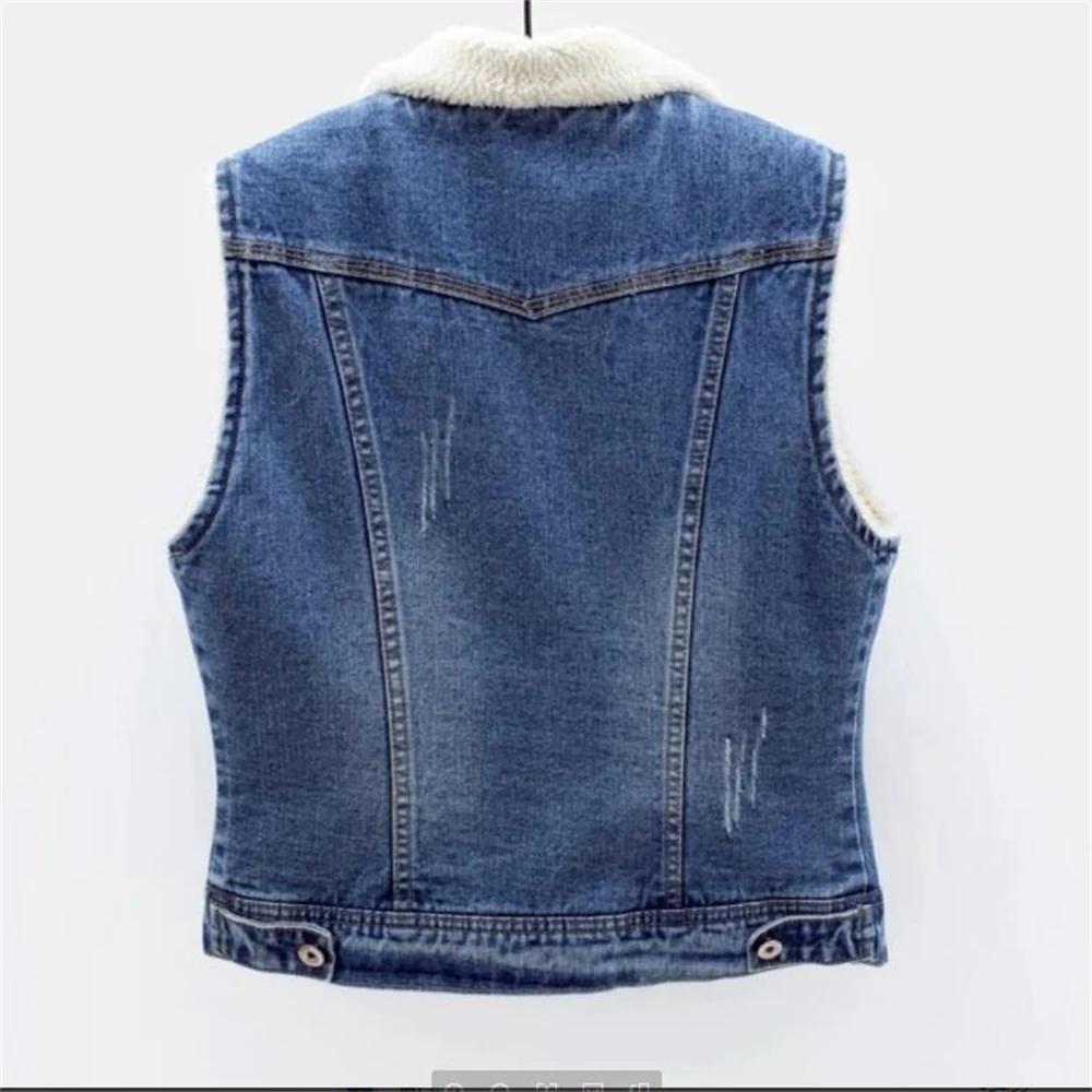 Spring Women Vest Fashion Women'S Denim Jacket Sleeveless Thick Wool Warm Outerwear Cardigans Denim Waistcoat Femmale Gilet Fall