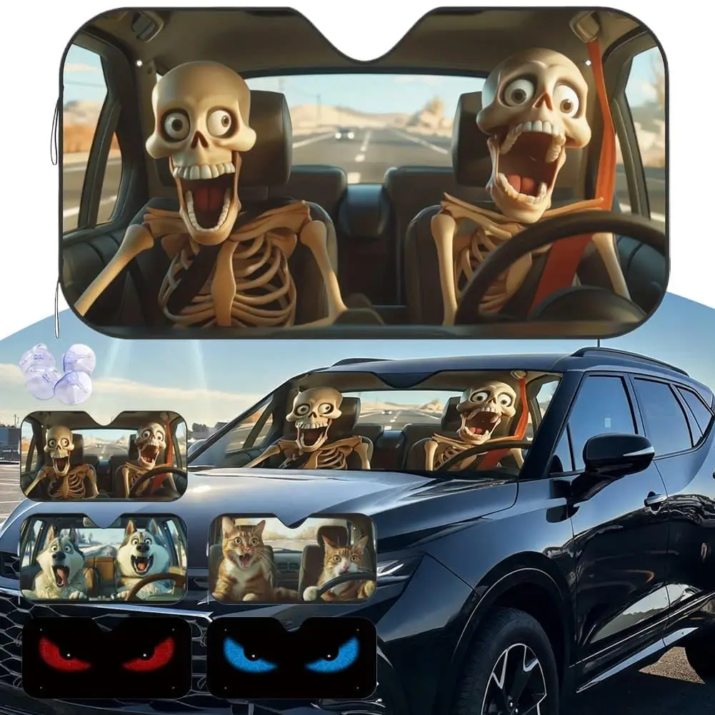 Halloween Funny Skeleton Driving Design Car Windshield Sun Shade Foldable Lightweight UV Ray Protection Vehicle Sun Visor