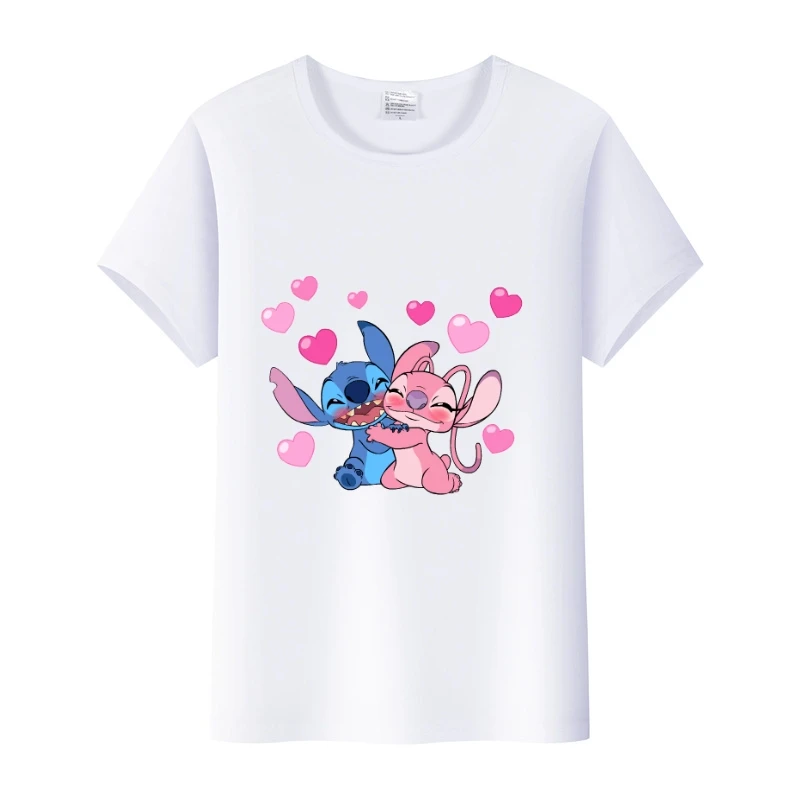 Kawaii Disney Cartoon Blouses Lilo Love Stitch Tops Fashion Summer Loose T-shirts White Shirt Child Tees Woman 2000s Clothes Y2k