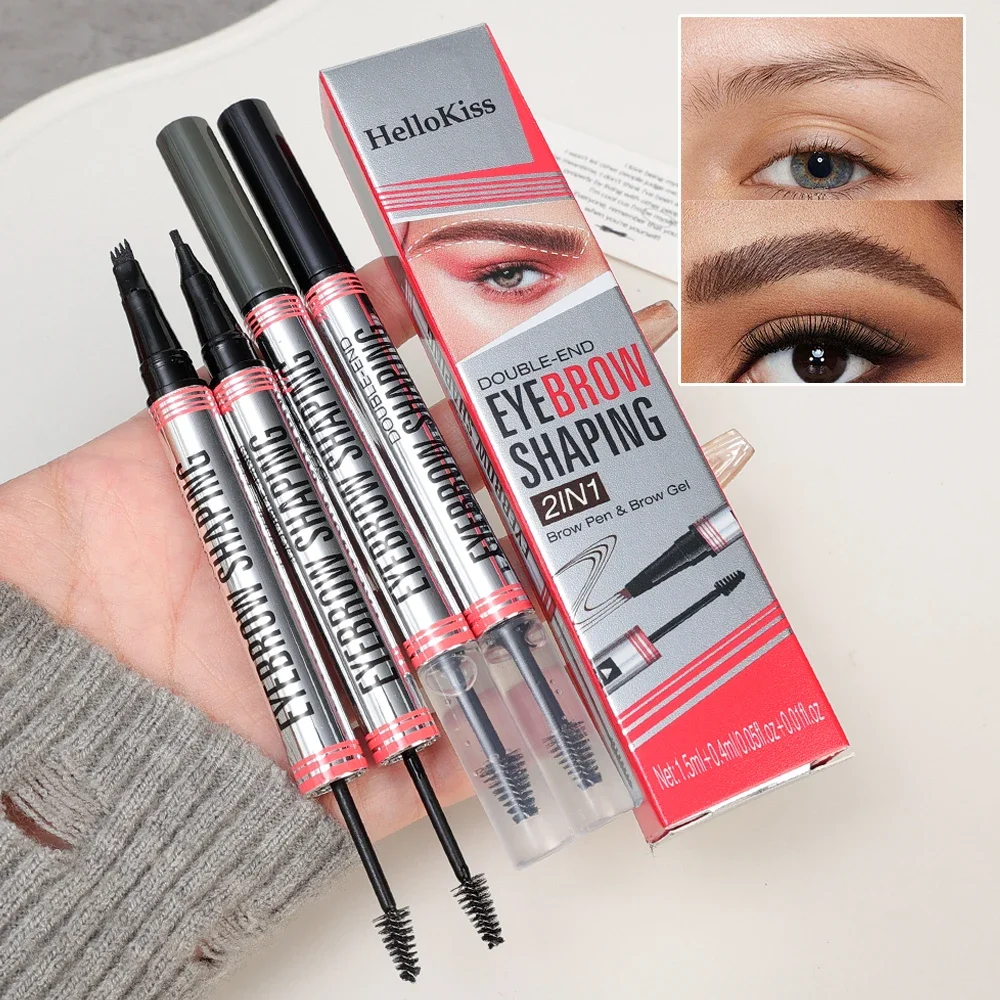 4 Point Eyebrow Tattoo Pencil with Eyebrows Shaping Cream Double-headed Waterproof Liquid Black Brow Makeup Pencil Brows Setting