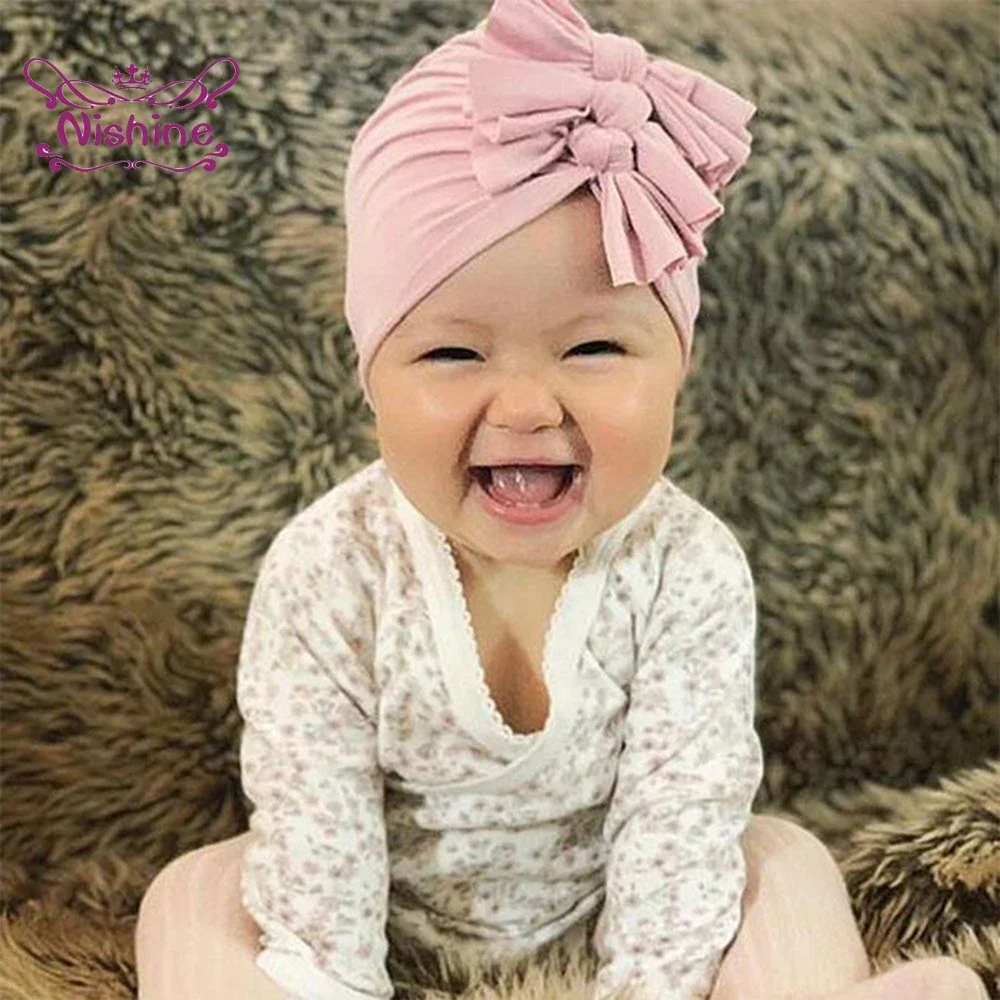 1PCS Stretchy Turban Hats with Knotted Bows Caps Beanies Bonnets Headwraps Hair Accessories for Baby Girls Infants Toddlers