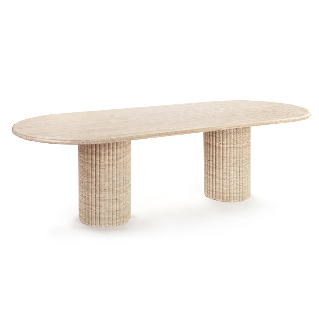 8 Seater Customized Natural Stone Fluted Oval Beige Travertine Dining Table For Villa Home