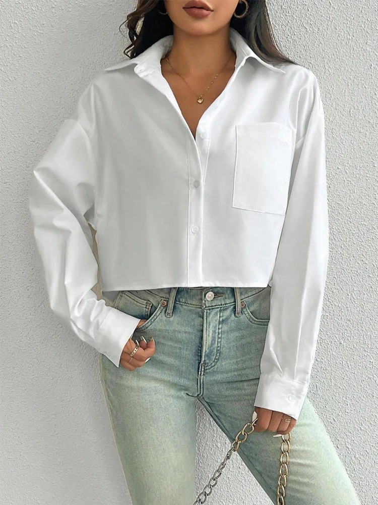 Zadily 2025 Autumn Women's White Turn-Down Collar Long Sleeve Cropped Shirt with Pocket Casual Loose Blouse Clothing