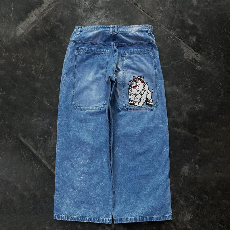 

Y2K Винтажные потертые джинсы с вышивкой бульдога, задняя сумка, повседневные свободные синие широкие джинсы, трендовые мужские и женские модные уличные джинсы в стиле хип-хоп