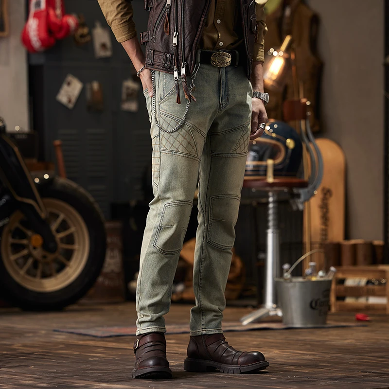 Retro Distressed Street Motorcycle Jeans Men's Stretch Tight Stretch Motorcycle Handsome Slim-Fitting Casual High-End Trousers