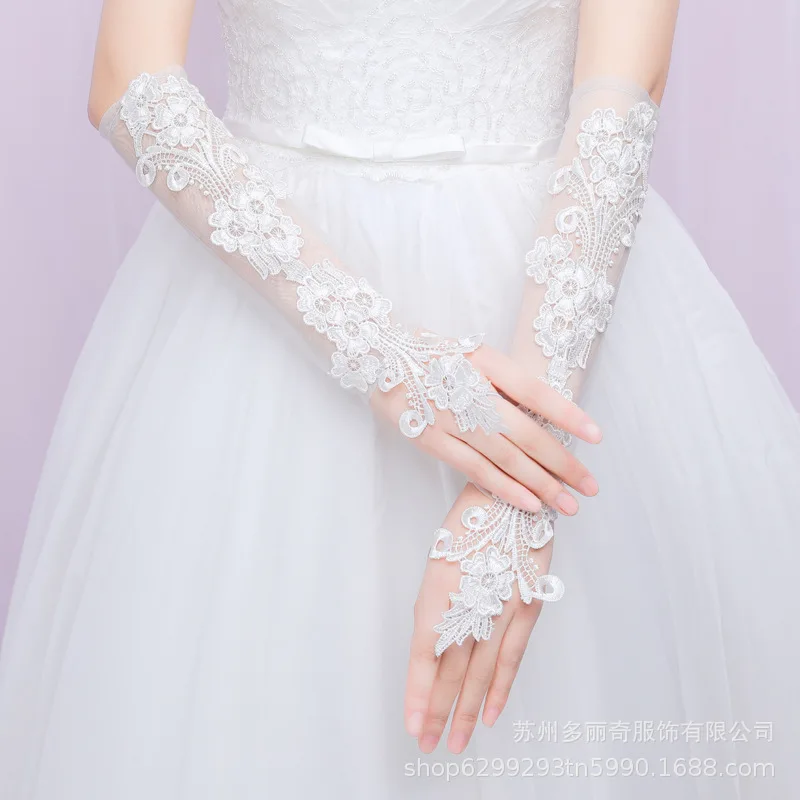 New bride wedding dress lace gloves wedding open finger gloves white lace medium length thin wedding gloves simple