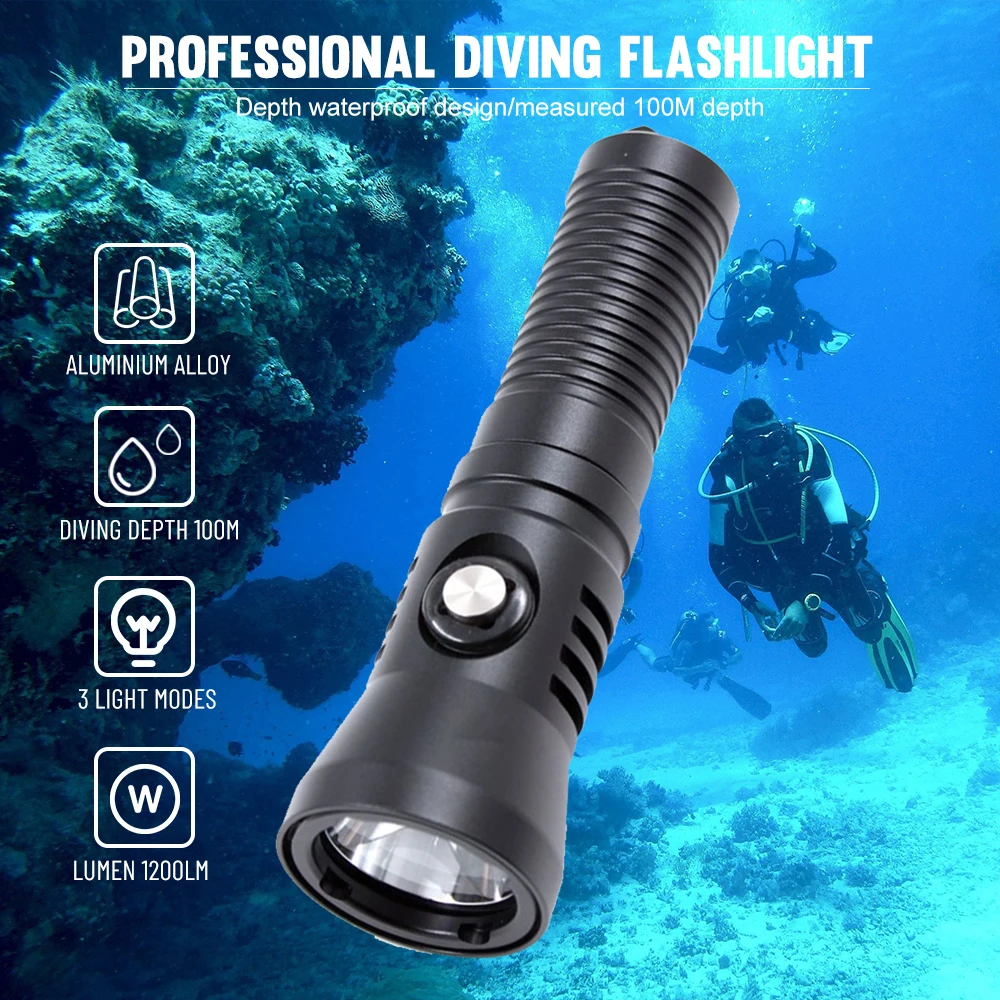 Asafee LED Scuba Diving Flashlight Waterproof Canister Lightweight Torch 100M Underwater Lamp Spotlight Deep Lantern Outdoor