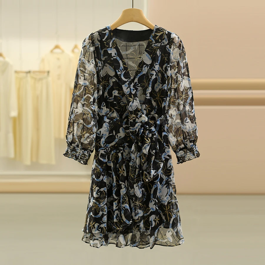 SE coréen Sle Fre Floral v-ne taille cintrée longue Sve Dr mi-longue jupe trapèze fibre de Polyester taille haute