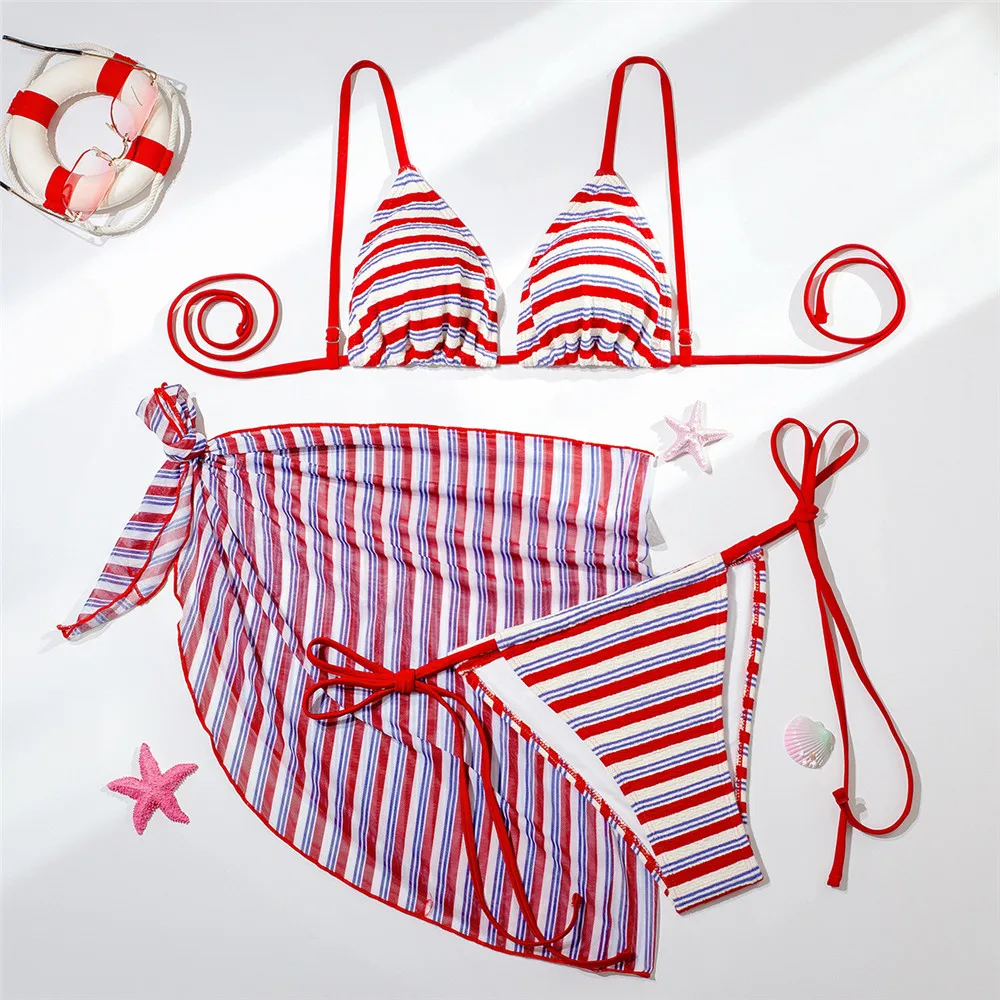Rouge rayé imprimé Triangle Bikinis ensembles 3 pièces maille couverture Ups vacances maillots de bain Micro string Sexy maillot de bain femmes 2026 Biquinis