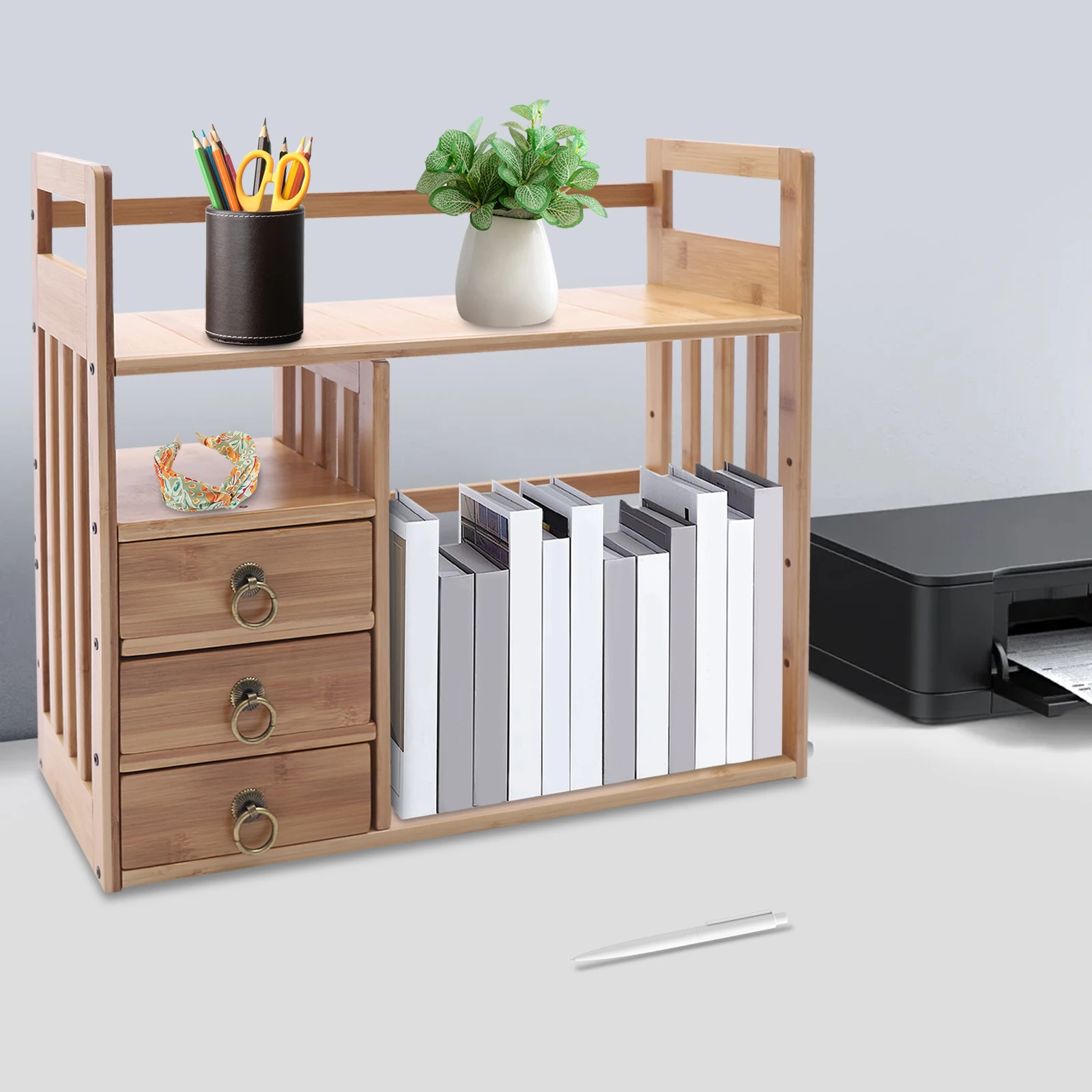3 Tier Wood Rectangle Desk Bookshelf Bamboo Small Expandable Desktop Organizer Table Top Bookcase Living room Bedroom 53.5*20cm