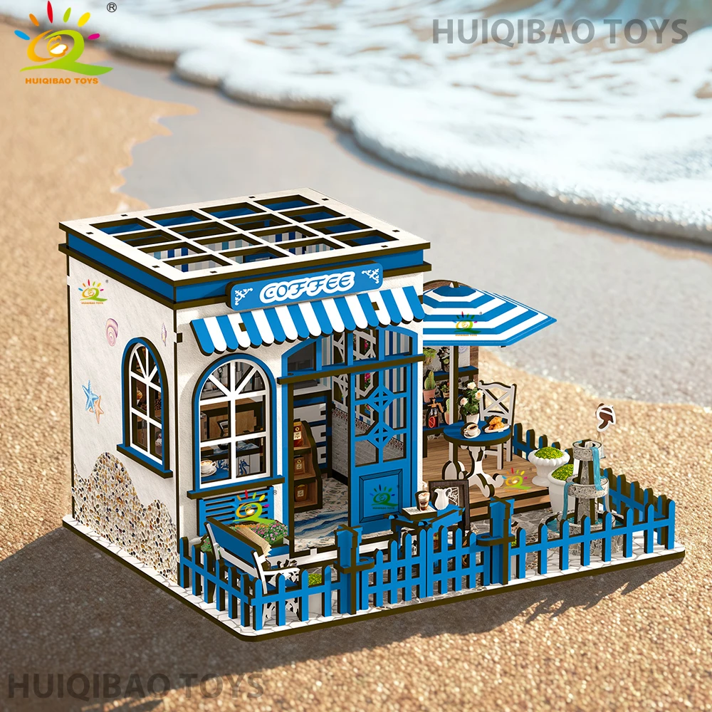 

HUIQIBAO Santorini Sunshine Cafe DIY настольное здание сцена для взрослых 3D приморский кофейня головоломка полка вставка украшения игрушки