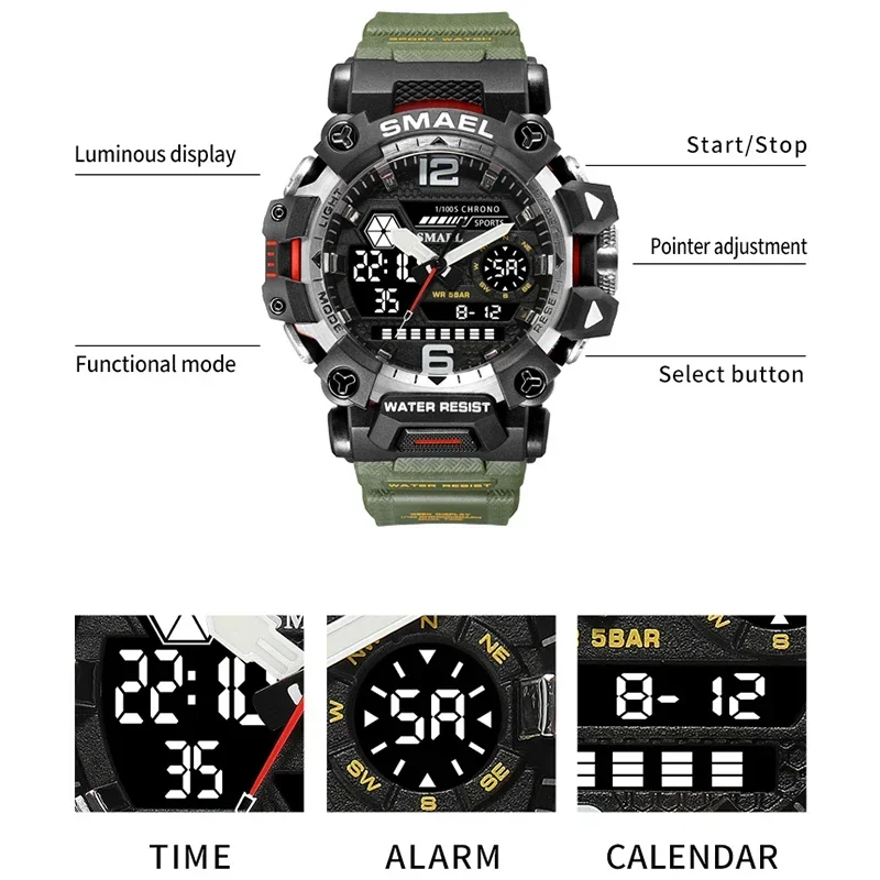SMAEL 8072 50m Waterproof Sports Watch Military Man Sports Watch Digital Dual Display Watch Quartz Led Digital Men Watches