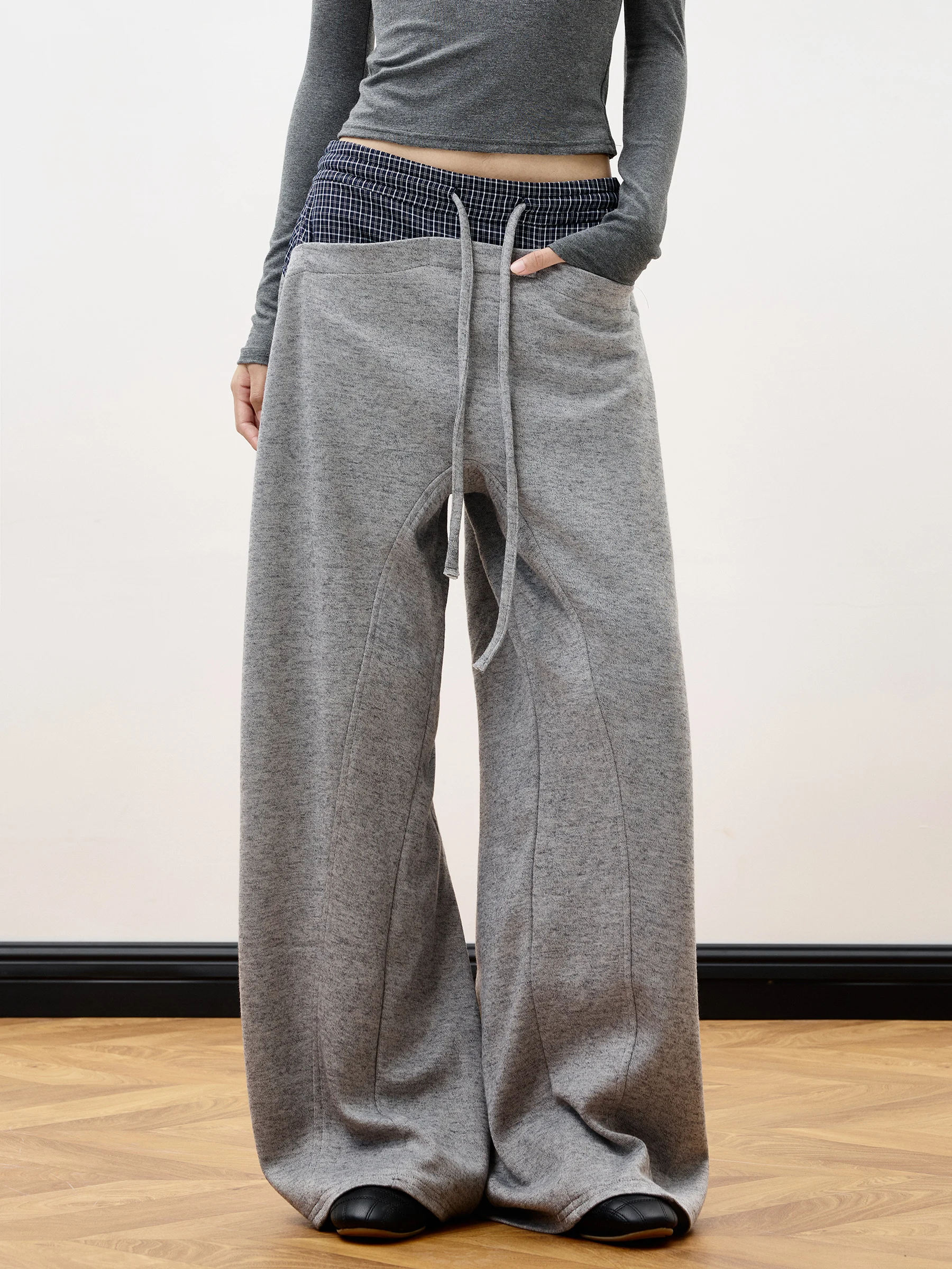 

Junecut American Retro Plaid Patchwork Drawstring Casual Pants New Style Popular Wide Leg Leisure Trousers Ladies Pants