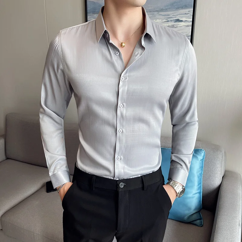 

Slim-fit Shirt Mens Spring New High-quality Button Long-sleeved Lapel Business Fashion Solid Color Casual Dress Shirt Men