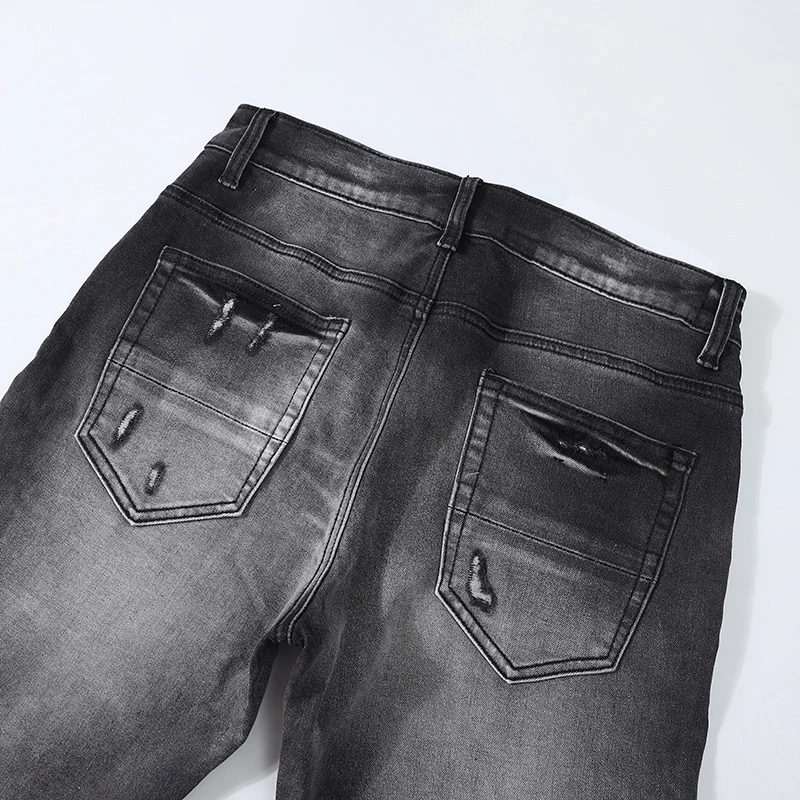 High Street Designer Fashion Men Jeans Retro Black Gray Stretch Slim Fit Patched Ripped Jeans Men Y2K Hip Hop Brand Denim Pants